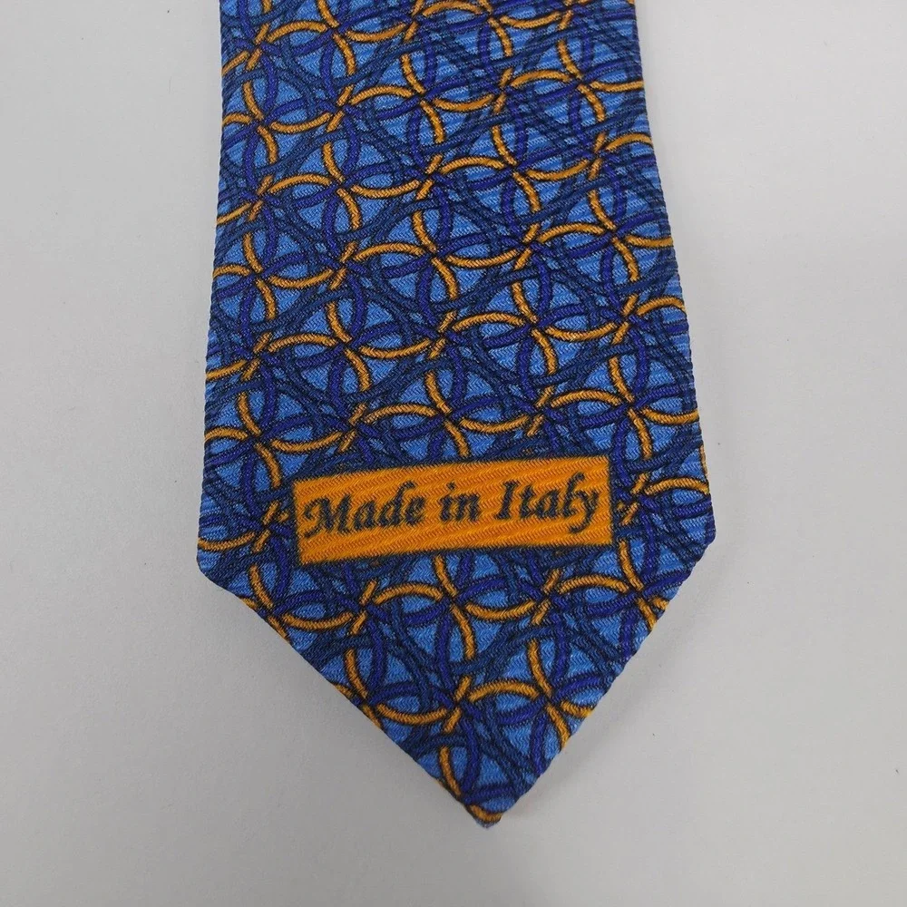 Castangia‎ Silk Geometric Ring Print Necktie Mens Blue Orange Made in Italy